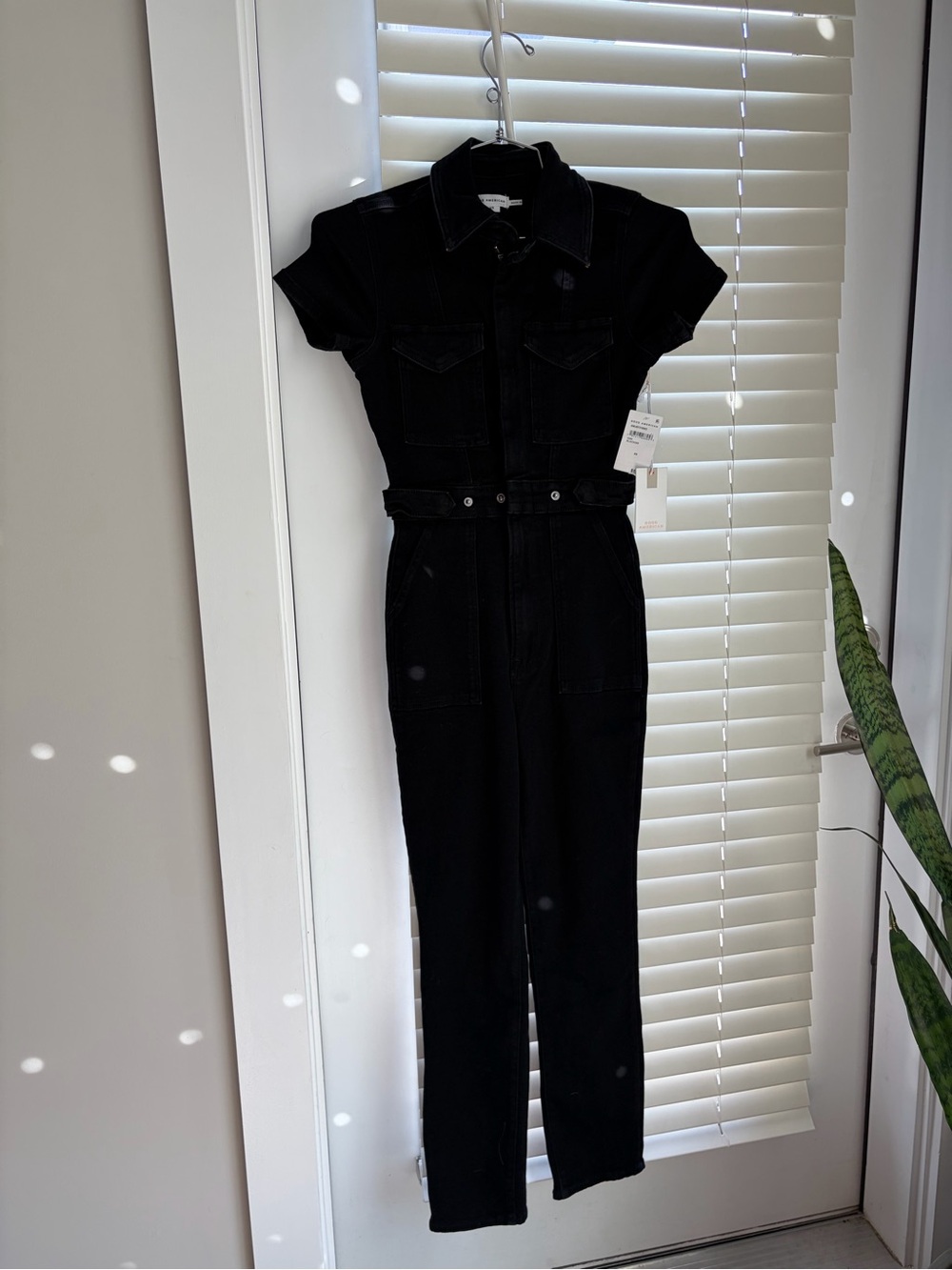Good American Black Short-Sleeve Denim Jumpsuit